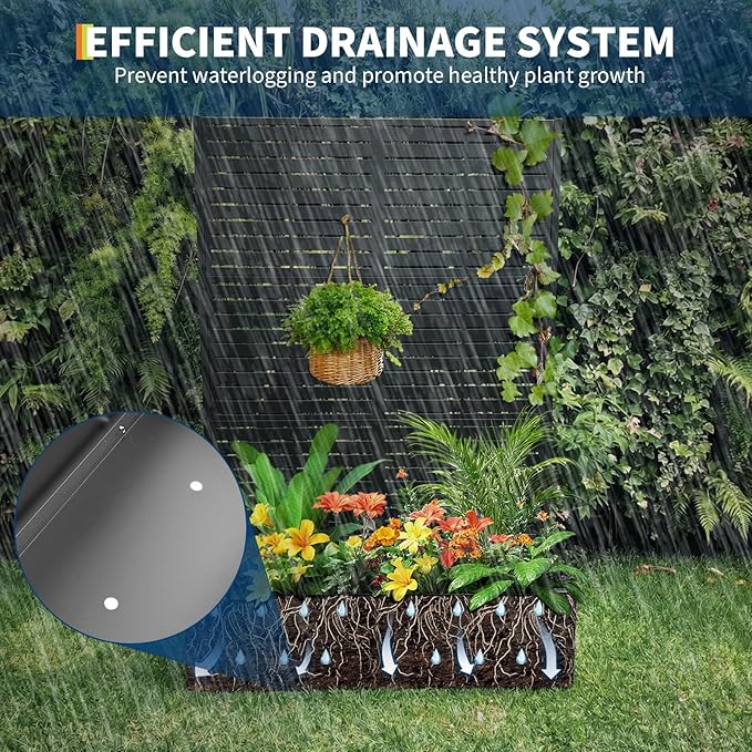 Metal Raised Garden Bed with Trellis & Privacy Screen, 70.1"x45"x15" Galvanized Metal Planter Box with Drainage Holes for Patio Balcony Outdoor Climbing Plants Flowers Vegetable, Black