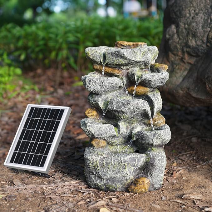 Solar Water Fountain Outdoor Garden,5 Tiered Cascading Rock Solar Powered Water Fountain Water Fall Fountains Outside with Lights for Backyard, Patio, Deck, Porch, 19.3" H x 12.2" L x 9.5" W