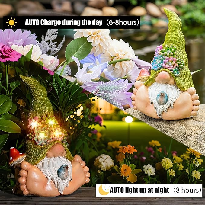 Joint Honglin Solar Turtle Garden Statue with Bunny and LED Succulent Flowers – Outdoor Lawn Decor with Lights, Cute Animal Yard Ornament for Patio, Pathway, or Garden Gift (Gnome)