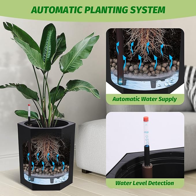 16in Flower Pot Set of 2, Self Watering Planters for Indoor Plants with Water Level Monitoring, Water Outlet for Garden Plant Pots, Patio, Balcony, Lounge, Front Porch Decor