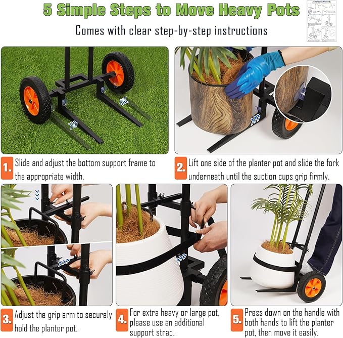 Plant Caddy with Wheels, 3.6FT Heavy Duty Plant Dolly with Adjustable Gripping Arms and Base, Rolling Plant Mover Cart Planter Caddies with Strap for Indoor or Outdoor Garden Plants, Pots