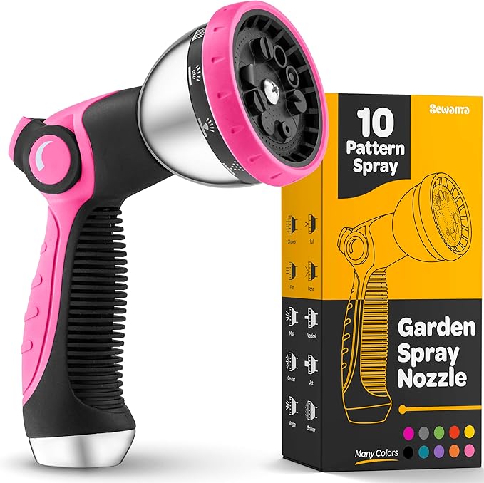 Hose Nozzle [Pink] Heavy Duty Hose Sprayer With 10 Adjustable Watering Patterns. Thumb Control Design, Comfortable Ergonomic Grip, Garden Hose Nozzle for Watering Plants & Lawns/Fun showers/Cleaning