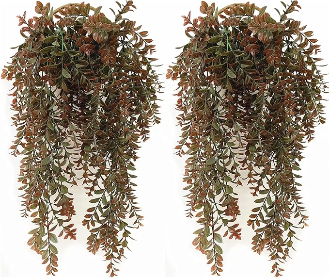 CATTREE Artificial Hanging Vines, Faux Ivy Leaves Plastic Plants Greenery Fake Leaf Plant UV Resistant for Indoor Outdoor Garden Door Wall Baskets DIY Wedding Party Table Decoration Red Brown 4 Pack