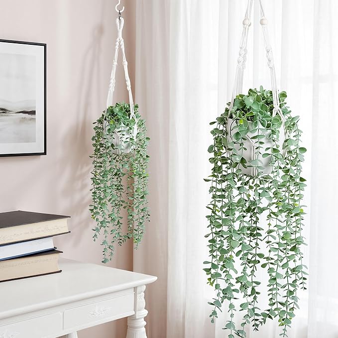 DREAMLOOM Fake Hanging Plants with Pot, Artificial Eucalyptus Hanging Plants with Macrame Hanger for Indoor Decor, Fake Hanging Vines Faux Greenery for Home Kitchen Office