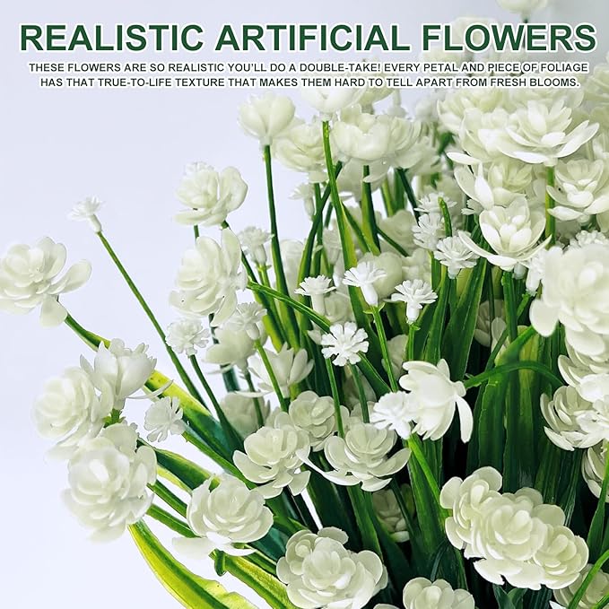 TURNMEON 20 Bundles Artificial Flowers for Outdoors,Spring Grass Camellia Fake Flowers Plastic Plants,UV Resistant No Fade Faux Greenery for Gardens Porch Planter Summer Cemetery Decor 500 Head(White)