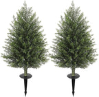 Hollyone Artificial Cedar Topiary Trees with Ground Spike, 2 Pack 32" Fake Pine Shrubs Bushes Trees Faux Cypress Plants for Indoor Outdoor Planters Front Porch Garden Decor UV Resistant