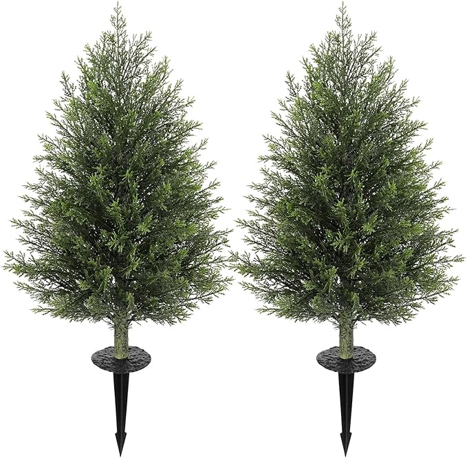 Hollyone Artificial Cedar Topiary Trees with Ground Spike, 2 Pack 32" Fake Pine Shrubs Bushes Trees Faux Cypress Plants for Indoor Outdoor Planters Front Porch Garden Decor UV Resistant