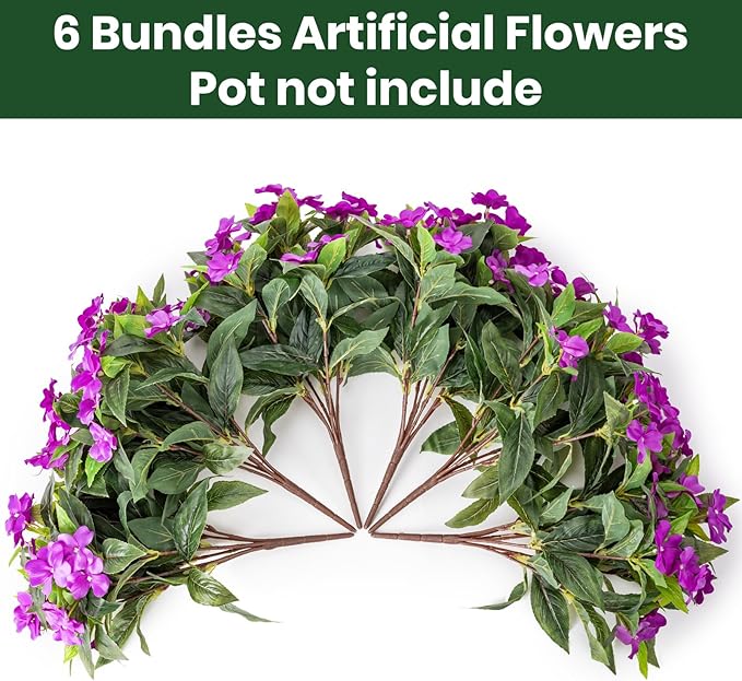 Nigirior Artificial Fake Flowers for Outdoor Décor 6 Bundles UV Resistant Fake Plants for Planter Faux Impatiens for Home Porch/Garden Stunning（Purple）