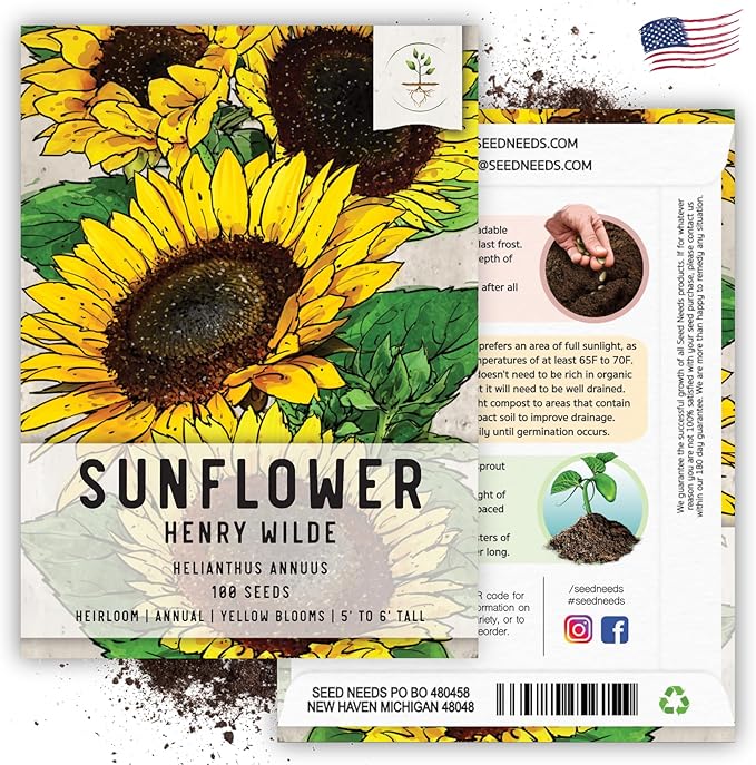 Seed Needs Henry Wilde Sunflower Seeds for Planting - Heirloom & Open Pollinated Cut Flowers - Annual Wildflowers to Grow a Butterfly Garden (1 Pack)