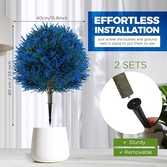 Lunmon 2 Pack 24" Artificial Topiary Ball Plants Trees with Flowers, Outdoor Fake Topiary Plants with Ground Spike, UV Resistant Faux Bushes for Indoor Outdoor Front Door Decor(Blue,Lavender)