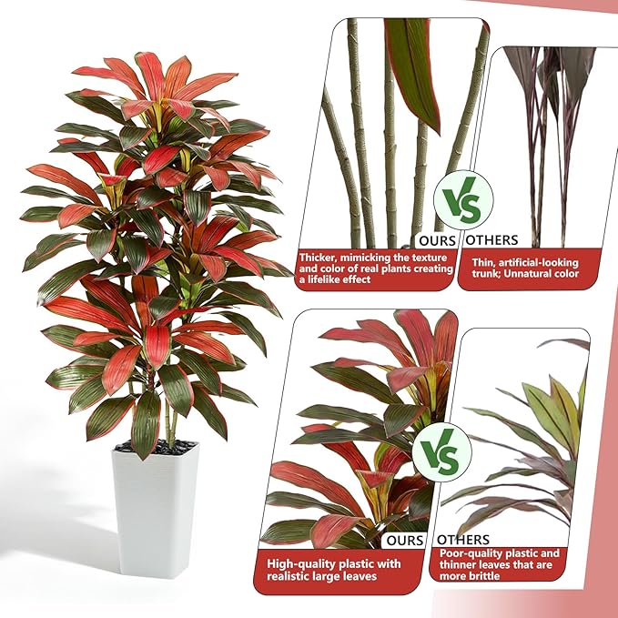 Artificial Red Dracaena Tree - 6FT Tall Fake Plants with White Tall Planter - Artificial Plants Indoor Floor Plant in Pot - Large Tropical Fake Yucca Potted Tree for Home Office Living Room Decor