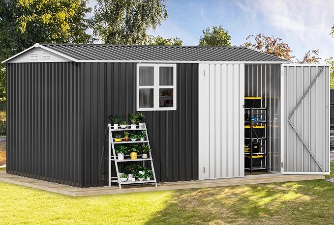 DWVO 12x8ft Large Tool Storage Shed with Window, Lockable Doors, and Sloped Roof, Oversized Steel Outdoor Storage Shed for Garden, Patio, Garage, Backyard, Lawn(Gray + White)