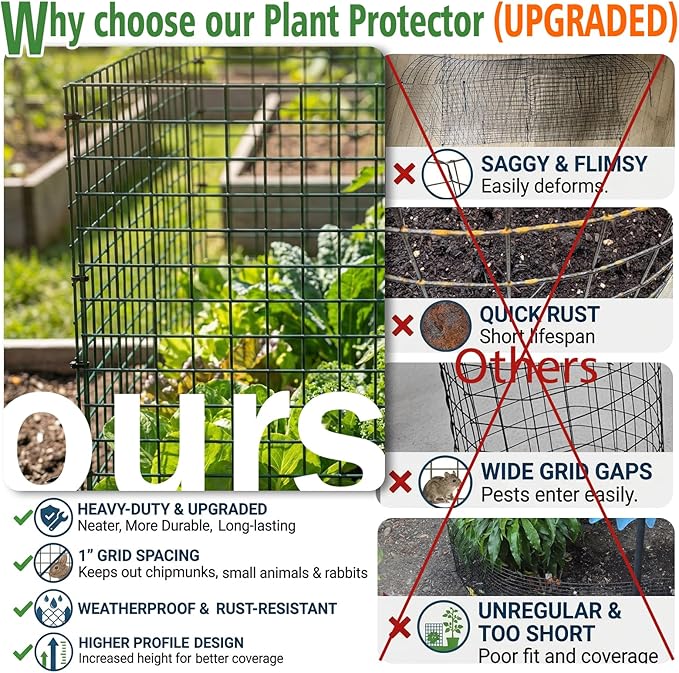 8 Pack Plant Protectors from Animals, 12"x16.5" Wire Garden Cloche for Squirrels Rabbits, Sturdy Metal Plant Cages with Zip Ties & Ground Stakes for Seedlings Flowers, 1" Mesh Gap