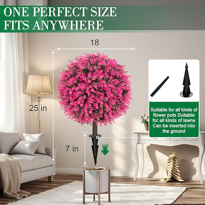 AOKIIE Set of 2 Artificial Pink Boxwood Topiary Ball Tree for Outdoor with Ground Spike, 22" UV Resistant Faux Greenery Shrubs, Fake Plants for Garden Yard Porch Patio(Pink)