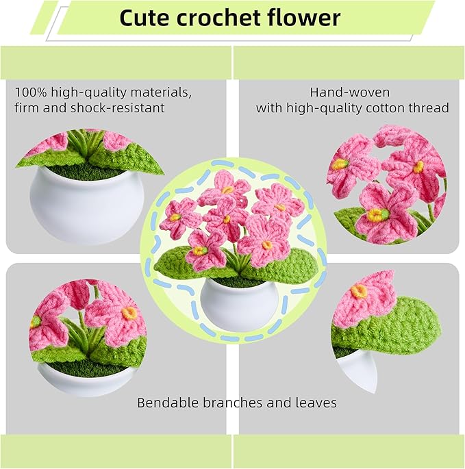Knitting Crochet Flowers Cute Red Handmade Flower Valentines Birthday Gifts for Women, Decor for Home Room Office Desk Plant Accessories Things for Women Mom Teacher Coworkers