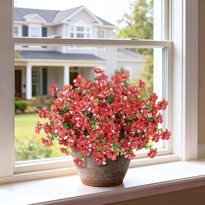 Artificial Morning Glory & Eucalyptus Topiary Trees - Set of 2 Faux Silk Flower Potted Plants, UV-Resistant Fake Outdoor Morning Glory Bushes for Front Door, Yard, Farmhouse, Garden Decor (Red)