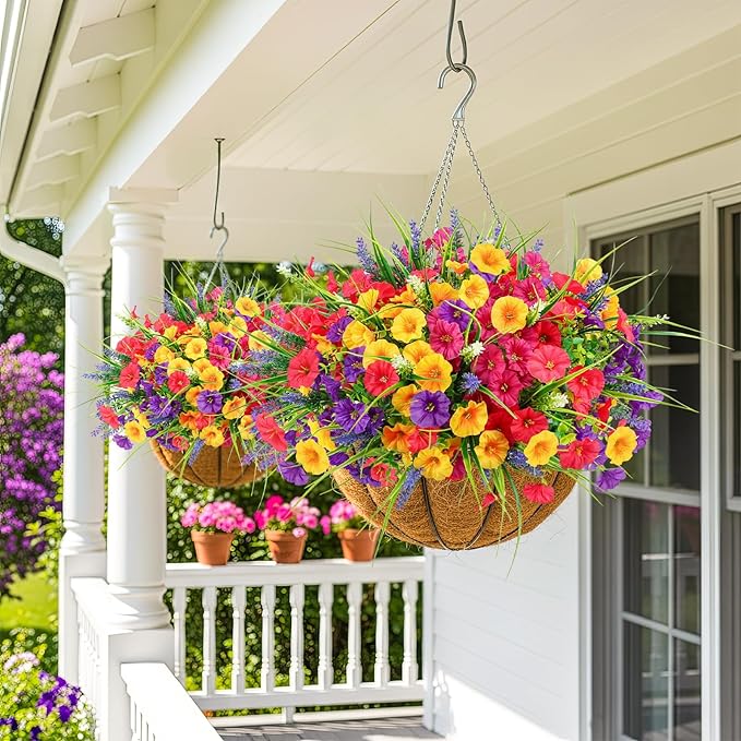 Artificial Flowers for Outdoors, Artificial Petunias Paired with Lavender UV Resistant Plastic Flower,Spring Flowers Used for Hanging Flower Pots, Porch Windows,Weddings Decorations (12 PCS)