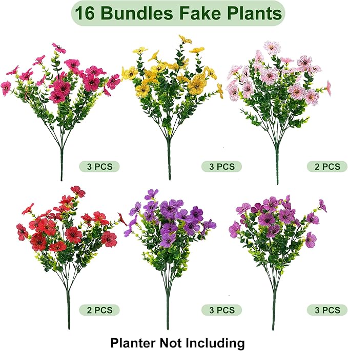 Artificial Flowers for Outdoor Fake Plants for Spring Decoration,Faux Eucalyptus Flowers for Planter UV Resistant Lifelike for Home Porch Garden (6 Color)