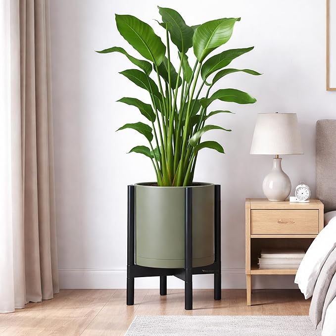 D'vine Dev Planter Pot with Stand - 12 Inch Plastic Cylinder Flower Pot with Wood Planter Holder for Indoor, Olive Pot + Ebony Stand, 55-C-Q-3