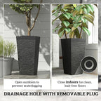 Outsunny 22.8 Inch Tall Planters for Outdoor Plants, Set of 3 Plastic Flower Pots with Stone Finish and Wheels, Stackable Tapered Planters with Drainage Hole for Indoor Plants, Front Porch, Black