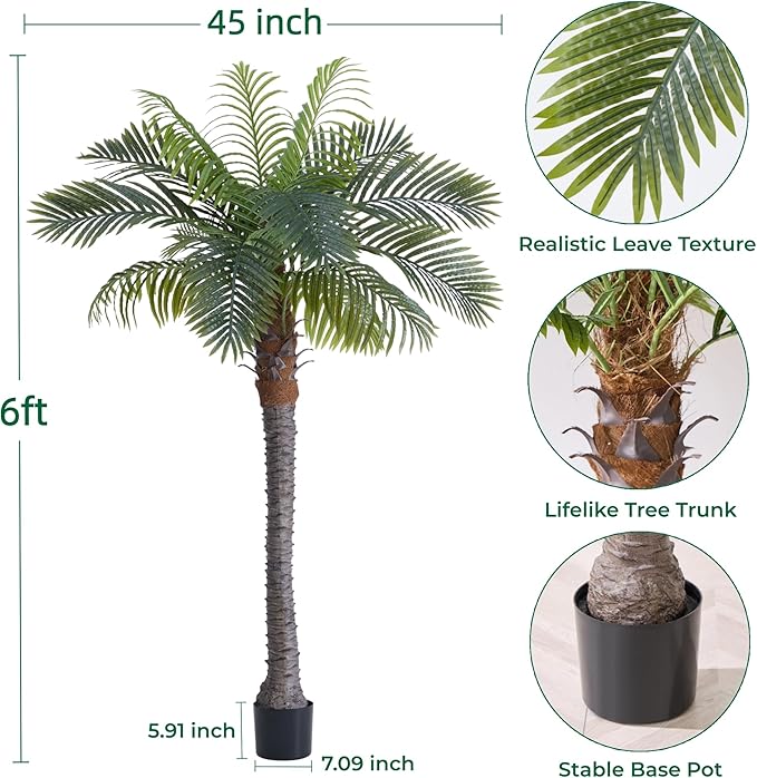 6FT Artificial Coconut Palm, Faux Coconut Silk Palm Tree, Tropical Fake Trees for Indoor Outdoor, Large Sago Palm Plant for Home Office Garden Patio Poolside, 1 Pack