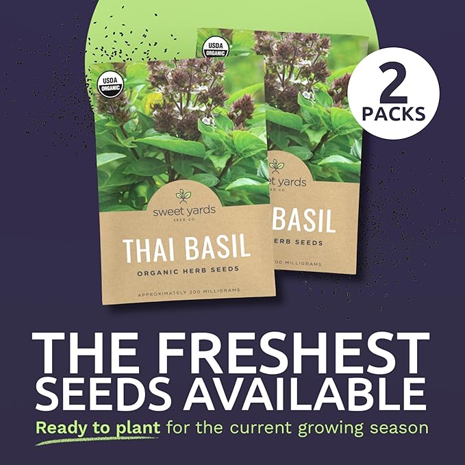 Organic Thai Basil Seeds – Seed Packet of Over 440 Open Pollinated Non-GMO Seeds – Sweet Yards Seed Co.