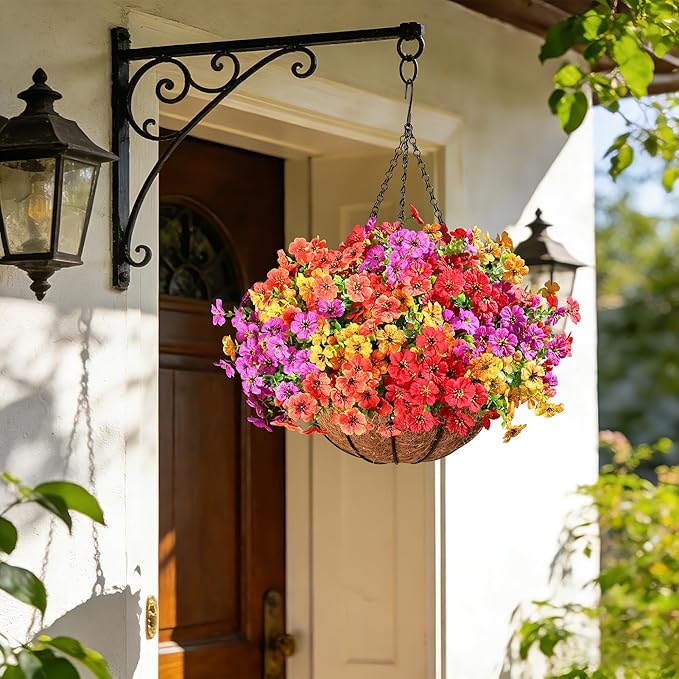 2 Set Artificial Flowers Hanging Plants in Basket,Artificial Hanging Flowers for Outdoor Indoor Decor,UV Resistant hanging Baskets with Fake Flowers for Spring Summer Patio Garden Porch Deck Decor
