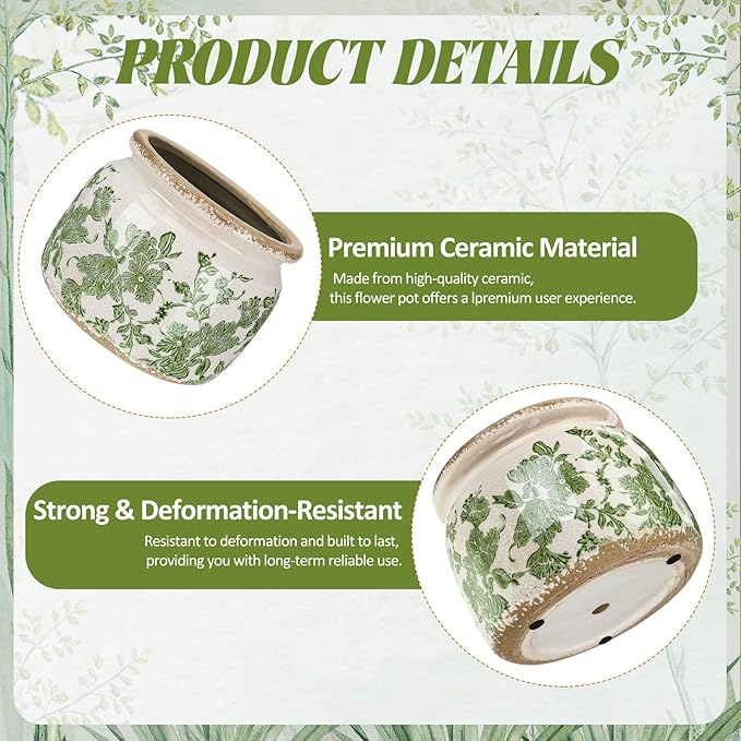 4.7" Small Ceramic Plant Pot Beige Green Vintage Floral Crackle Glaze Rustic Flowers Pot Decorative Planter with Drainage for Indoor Outdoor Plants Home Kitchen Office Decor Gift