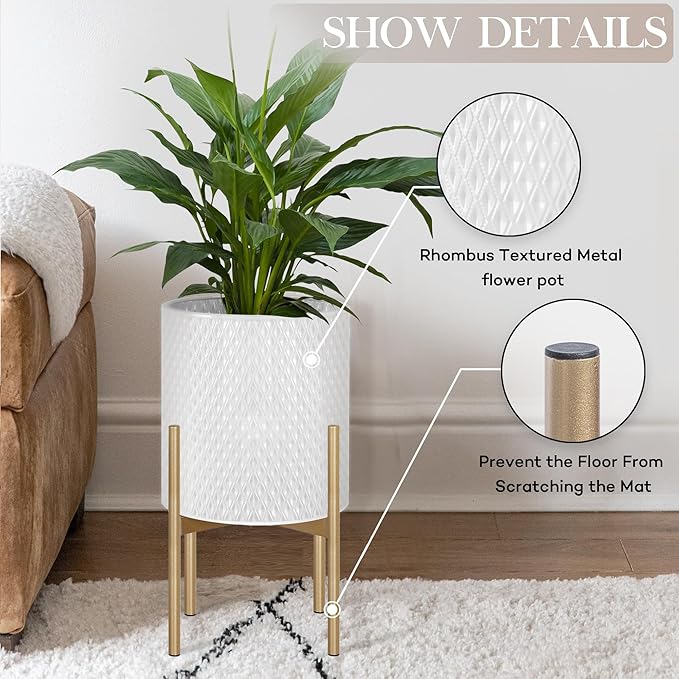 Oakrain Planters for Indoor Plants, Set of 2 Modern Planter with Stand, Decorative Metal Planter Pots for Living Room, Office, Garden, Balcony, 8"&10", Off-White