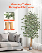 VEVOR 6FT Artificial Ficus Tree with Black Pot, Tall Faux Ficus Plant with Natural Wood Trunk and Realistic Green Leaves, Indoor Fake Silk Tree for Home, Office, Living Room, or Corner Décor