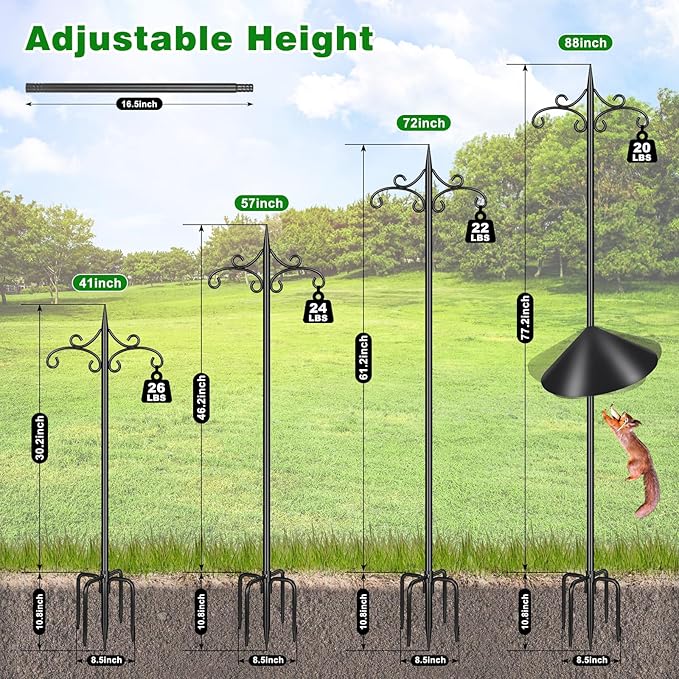 Heavy Duty Double Shepherd Hooks Squirrel Proof for Outdoor with 5-Prong Base, 88inch Adjustable Decorative Metal Bird Feeder Pole with Baffle for Hanging Bird Nests, Plant Baskets,1 Pack