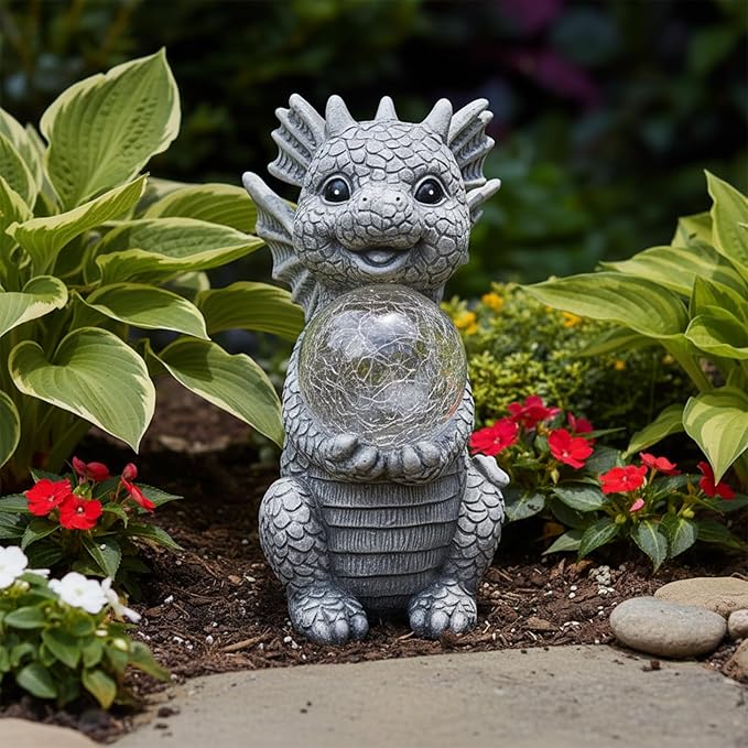 Solar Garden Decorations - Dragon Statue with Crackle Glass Ball Light - Garden Decor for Patio, Yard, Lawn, Pathway, Landescape - Housewarming Gifts - Dragon Gifts for Women Mom Grandmom