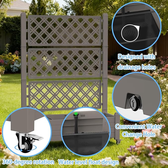 Mobile Elevated Planter Box with Trellis 3-Tier Lattice Trellis Planter with Rolling Wheels Outdoor Raised Garden Bed for Climbing Plants Vegetables and Flowers