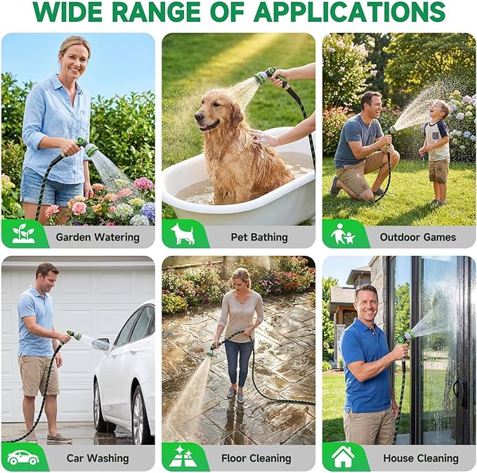 Garden Hose 100 ft Water Hose Flexible Non-Expandable Outdoor Heavy Duty Lightweight Leakproof Kink-free flex Watering Hose Pipe with Nozzle for 3/4 inch Fitting Yard Lawn Outside Car Wash