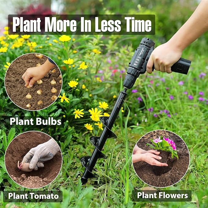 Auger Drill Bit for Planting 4 Pack, Garden Ground Earth Spiral 3/8" Hex Drive Drill, Easy Bulb Post Hole Digger Flowers, Metal Bedding Digging Plant Rapid Planter Tool