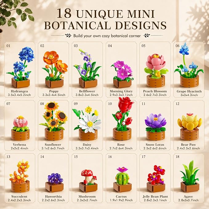 CUBIMANA 18 Unique Flowers Botanical Collection Mini Building Set, Tiny Flowers, Succulents & Plants with 3.6mm Mini Blocks, Desk Decor for Home Office, Relaxing DIY Gift for Women Adults Kids 12+