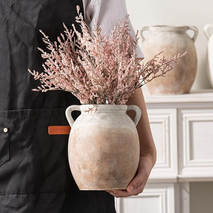Dobbyby Ceramic Flower Vase 7.6 inch Farmhouse Rustic Vase Decorative Pottery Terracotta Vases for Home Decor Table Mantle Fireplace Living Room Bathroom Wedding Centerpiece (Aged Terra)