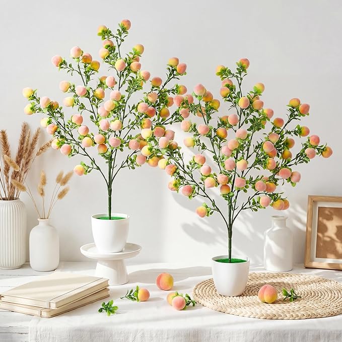 Suncalla 2 Pack Artificial Peach Potted Plants 21.65 Inches Fake Peach Tree Simulation Realistic Fruit Plant with Pot Faux Tree Indoor Decoration for Home Office Living Room Table Desk