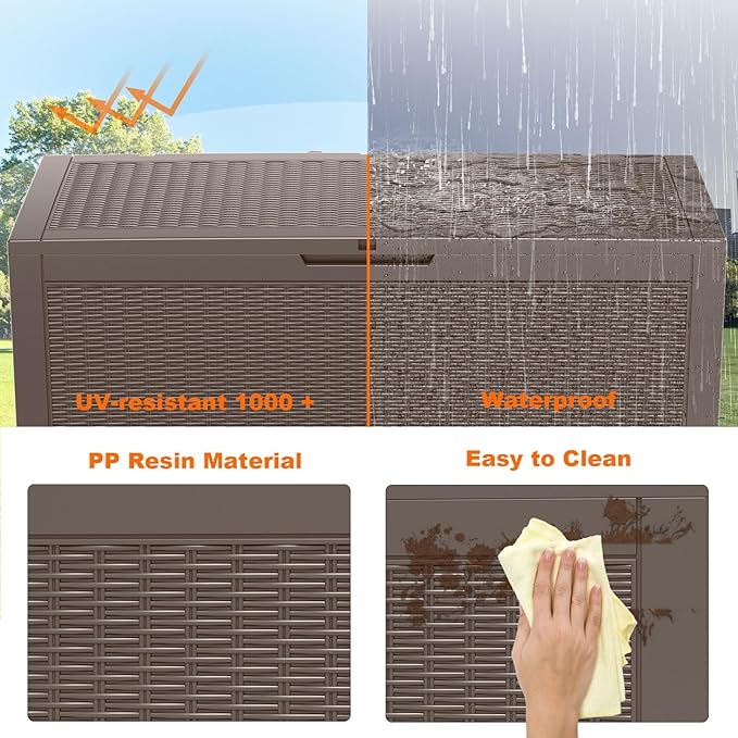 PatioZen 120 Gallon Resin Deck Box, Lockable Patio Outdoor Storage Box for Furniture, Garden Tools and Tools Storage, Waterproof Outside Storage Boxes - Grey