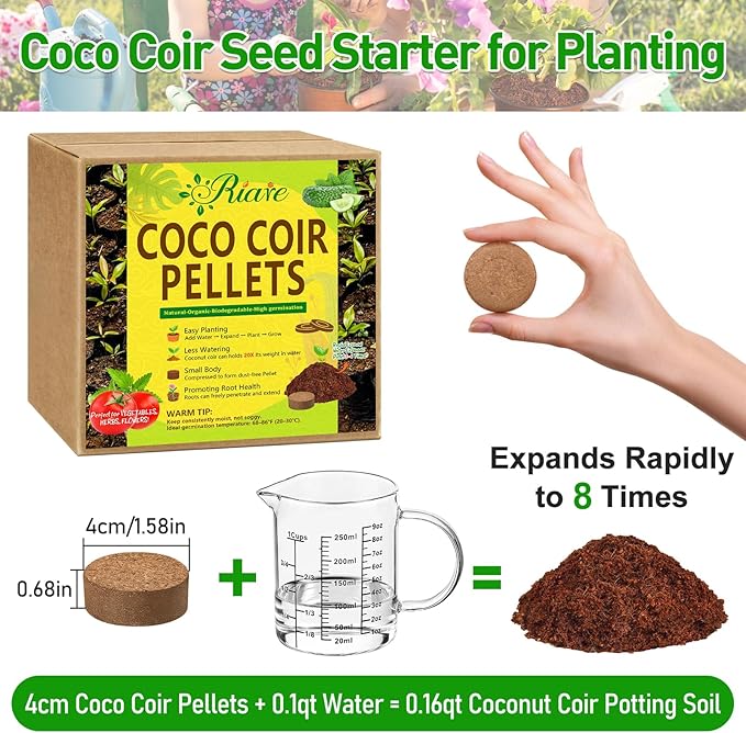 Riare 50 Pcs 40mm Organic Coco Coir Seed Starter Soil, Compressed Coconut Coir Potting Soil Mix for Seed Starting, Coconut Fiber Pellet for Planting Indoor & Outdoor Plants, Vegetables, Garden