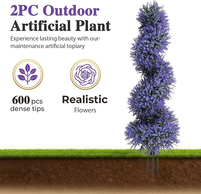 PATIO CHOICE 3ft Artificial Topiary Spiral Trees with Lavender Set of 2 High End Outdoor Faux Plants Realistic Fake Bushes Lilac Shrubs Decorations for Outdoor Front Porch Garden