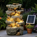 Solar Water Fountain Outdoor Garden, 19.3 Inch Cascading Stone Design 5 Tier Rock Feature Outdoor Fountains Waterfalls with Light, Pump Solar Panel for Patio, Deck, Porch, Backyard Home Décor