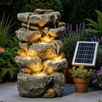 Solar Water Fountain Outdoor Garden, 19.3 Inch Cascading Stone Design 5 Tier Rock Feature Outdoor Fountains Waterfalls with Light, Pump Solar Panel for Patio, Deck, Porch, Backyard Home Décor
