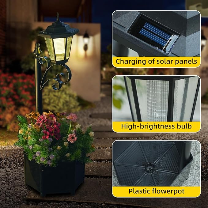 29.5" Solar Outdoor Floor Lamps with Planter - IP44 Waterproof Warm White Light, Easy Install LED Planters for Lawn, Patio, Front/Back Door Decor
