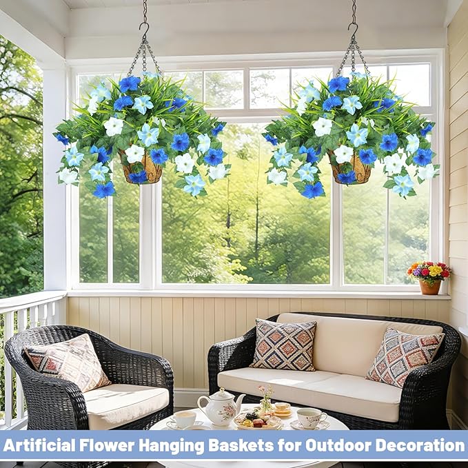Artificial Flowers Hanging Baskets for Outdoors, 5PCS UV Resistant Faux Outdoor Plants, Fake Petunias Silk Flowers for Garden Balcony Yard Porch Decor (White Blue)
