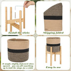 Plant Basket with Stand Indoor Planter Pot Holder Sturdy Jute Rope Modern Woven Basket, Cotton Rope Woven Pot with Bamboo Stand(7.87 Inch,Black and Beige Stripes)
