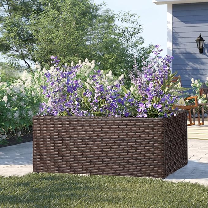 SUNNYPARK Brown Rectangular Planter Box All-Weather PE Rattan Large Modern Planters with Removable Liner Indoor Outdoor Decorative Flower Pot for Patio, Balcony, Garden