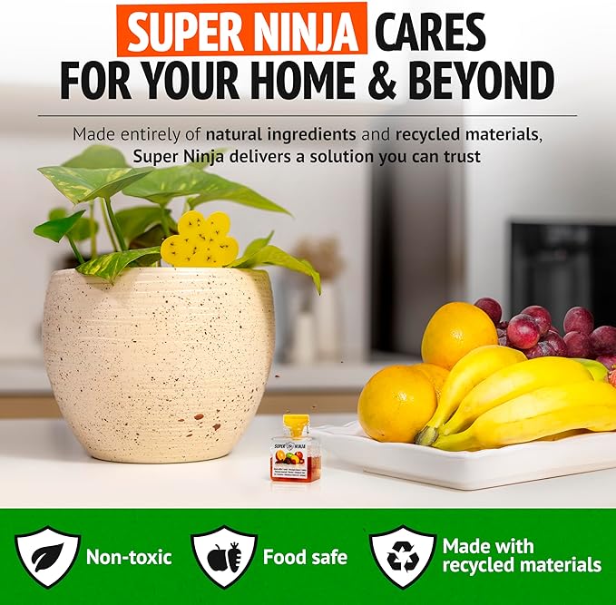 Super Ninja Gnat Traps for House Indoor - Fungus Gnat & Fruit Fly Traps - 10 Sticky Traps for Plants & 2 Highly Effective Fruit Fly Catchers for Indoors, Kid & Pet Friendly