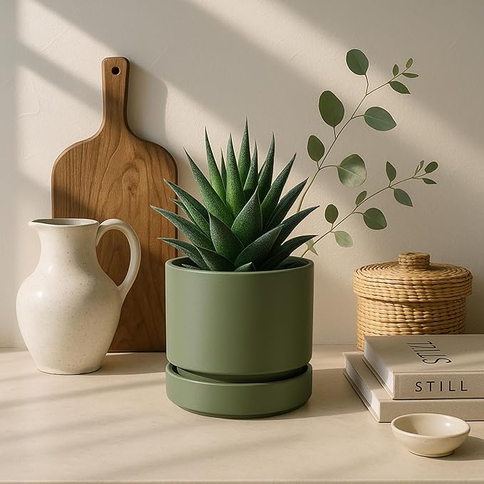 Phoenix Vine 4 Inch Planter Pot with Drainage Hole & Saucer, Deep Water Catch Tray, Straight Cylindrical Round Pot for Plants, Olive, Pack of 1, 23-F-R-1
