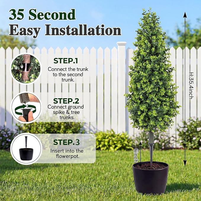 PATIO CHOICE 3ft Artificial Topiary Trees with Ground Spike Set of 2 36" Outdoor Faux Plants Realistic Faux Bushes and Shrubs Decorations for Outdoor Indoor Front Porch Garden